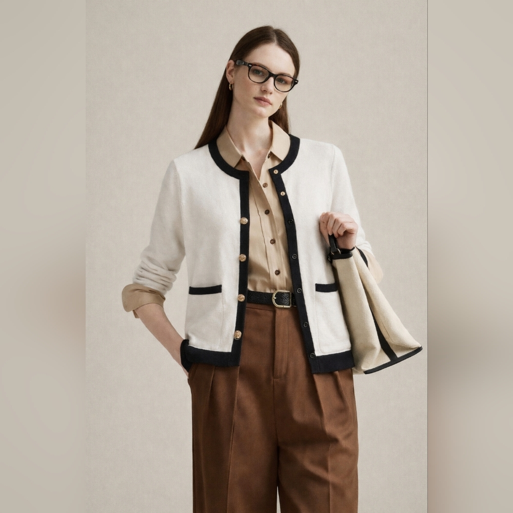 Ivory Contrast-Trim Button Cardigan